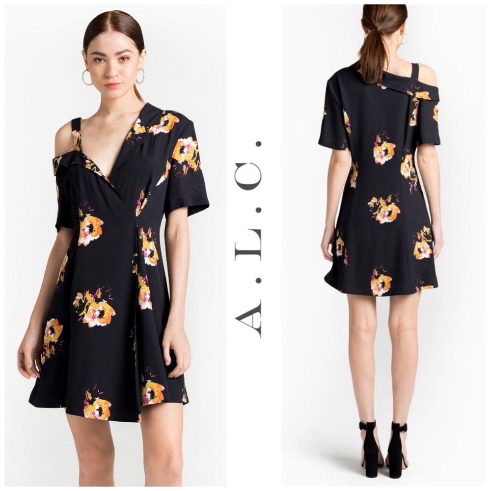 NWT A.L.C. Floral Silk Crepe Cold Shoulder Dress - Picture 13 of 13